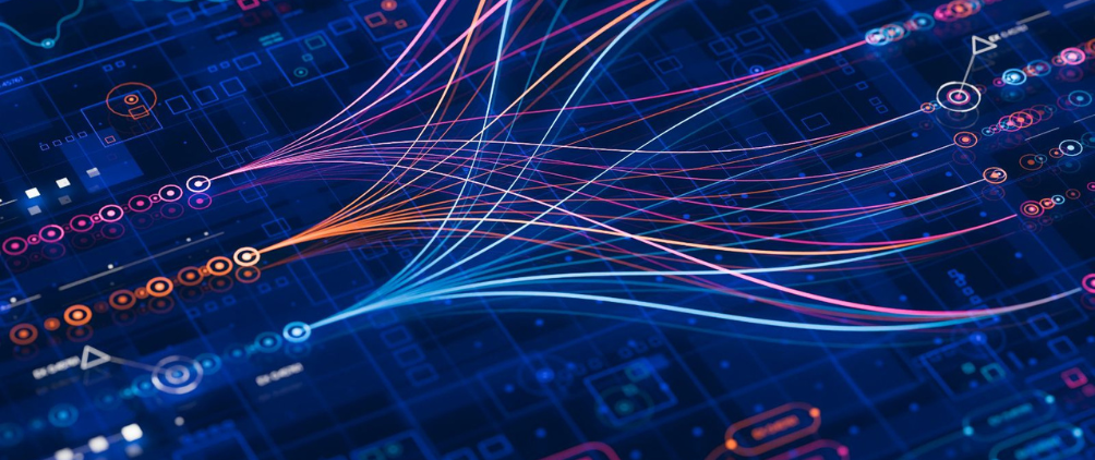 Abstract digital visualization of interconnected data streams, with colorful curved lines flowing across a dark blue circuit-like background.