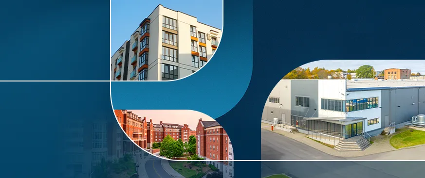 Graphic design featuring three types of real estate properties: a modern mid-rise apartment building, a historic red-brick residential complex, and a large industrial warehouse, all framed within geometric shapes on a blue background.